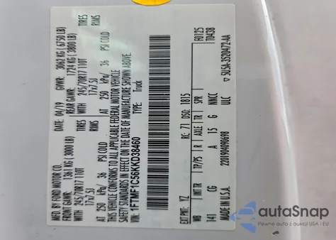 2019 Ford F150 из США, поврежденный, VIN 1FTMF1C56KKD38460